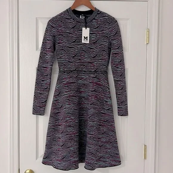 NWT M Missoni Multicolor Wool Blend Wave Long Sleeve Midi A-Line Womens Dress 38 - Picture 2 of 9